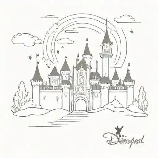 A minimalist outline of the iconic Disneyland castle, with the client's family members represented as Disney characters walking towards it tattoo design idea