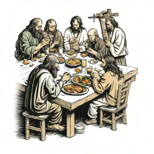 I want you to do a last supper themed tattoo for me. The people I want in the colored tattoo are Chester Bennington, Dan tattoo design idea