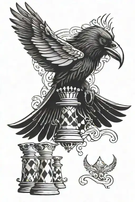 raven with spread wings with king and queen chess piece incorporating pieces tattoo design idea
