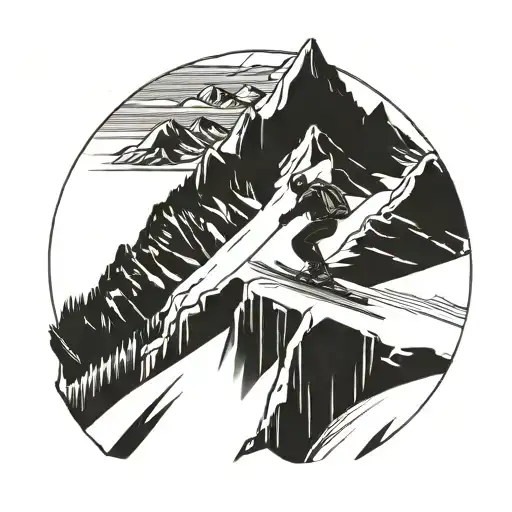 A minimalist blackwork design of a skier carving down a mountain slope tattoo design idea
