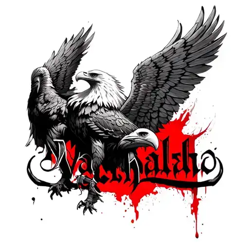 "Valhalla" blood Vikings with eagles with wings tattoo design idea