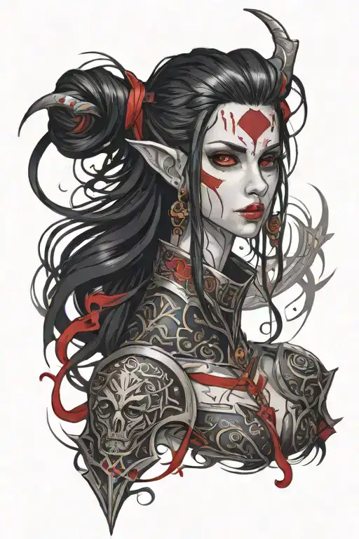 dark elf girl black hair red eyes tattoo design idea