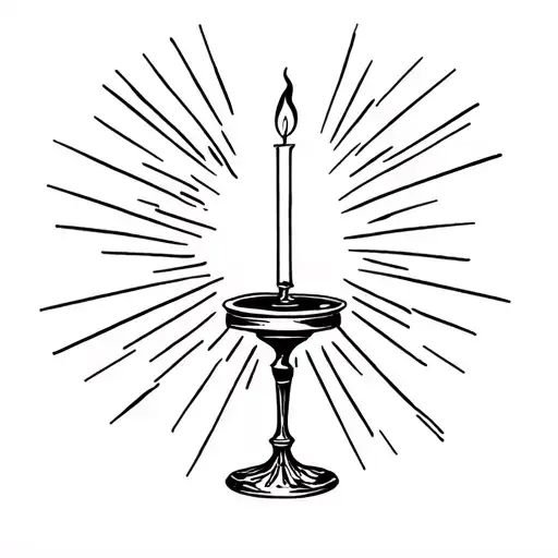 candle on gothic stand with flame, wax melting from top and small rays around the flame  tattoo design idea