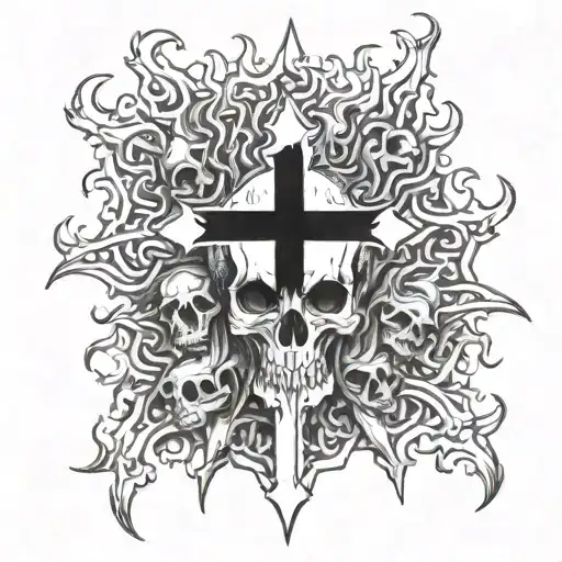 A Christian cross of flames stands on a pile of skulls tattoo design idea