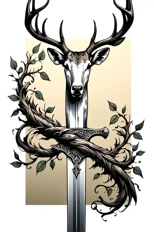 long sword wrapped masculine deer head handle small leaves running vines tattoo design idea