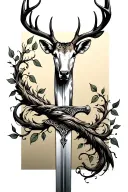 long sword wrapped masculine deer head handle small leaves running vines tattoo design idea
