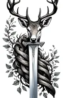 long sword wrapped masculine deer head handle small leaves running vines tattoo design idea