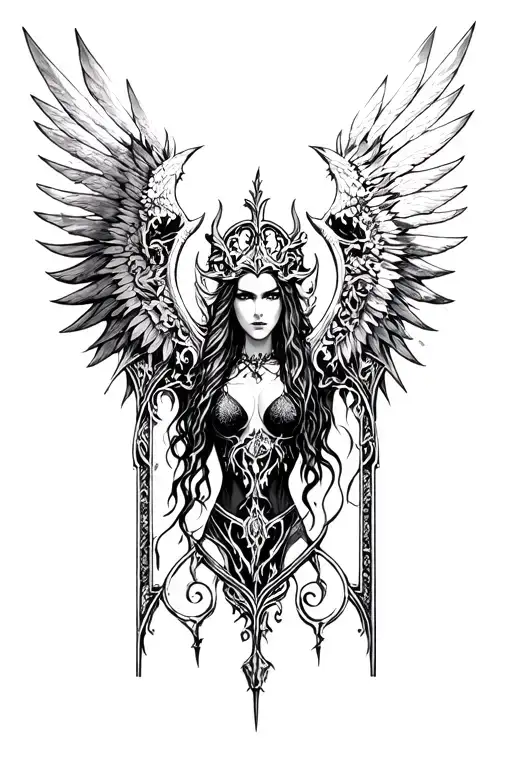 A dark Valkyrie with Gothic details such as arches and stained glass windows that convey a sense of mystery tattoo design idea