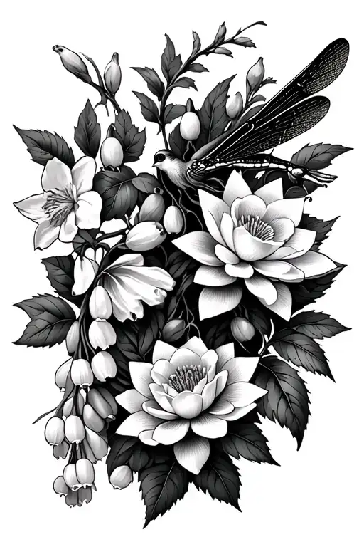 Larkspur, waterlilies, daffodils, honeysuckle lily of the valley, rose, narcissus jonquils on a vine dove dragonfly  tattoo design idea