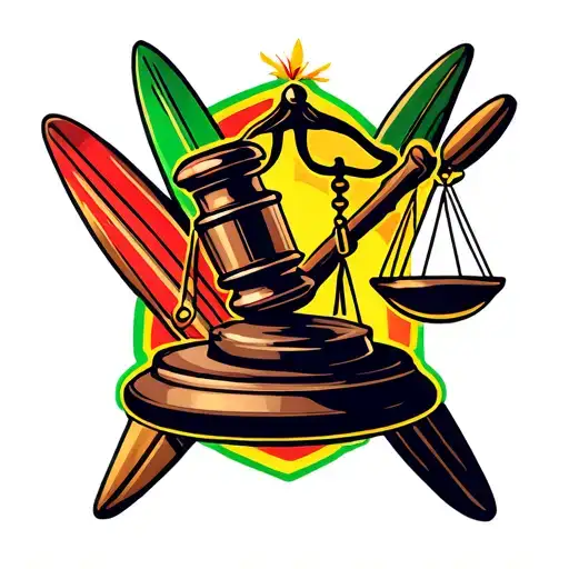 A traditional style gavel and scales of justice intertwined with surfboards and reggae instruments tattoo design idea