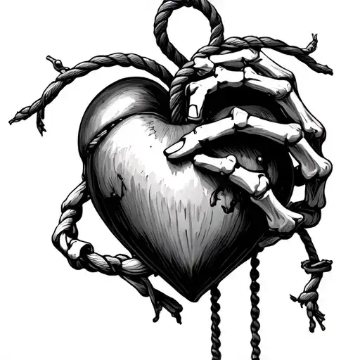 Noose around a heart held by a skeletal hand tattoo design idea