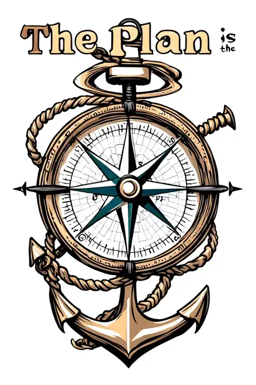 "The plan is the plan" scroll wrapped compass with anchor tattoo design idea