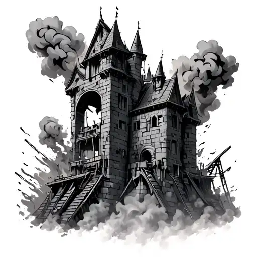 The engineer’s castle crumbling through smoke and fire, but rebuilt or reinforced with steel beams — symbolizing buildin tattoo design idea