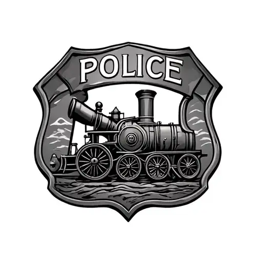 The outline needs to be a police badge and inside the police badge needs to be a civil war era, steam engine steam in an tattoo design idea