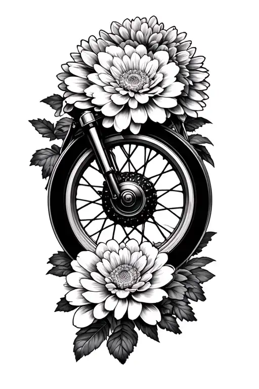 "Японские хризантемы окутывают" "Japanese chrysanthemums envelop" Japanese chrysanthemums and a motorcycle wheel tattoo design idea