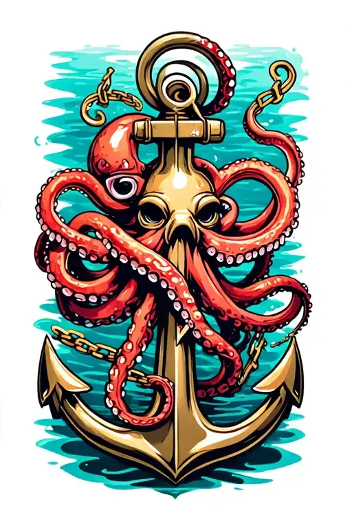 octopus wrapped around anchor in water with broken chain tattoo design idea