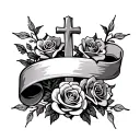 Coverup cross with roses and a scroll banner  tattoo design idea