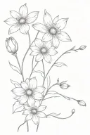 a bouquet of flowers with daisy, aster, morning glory, cosmos and a narcissus flower tattoo design idea