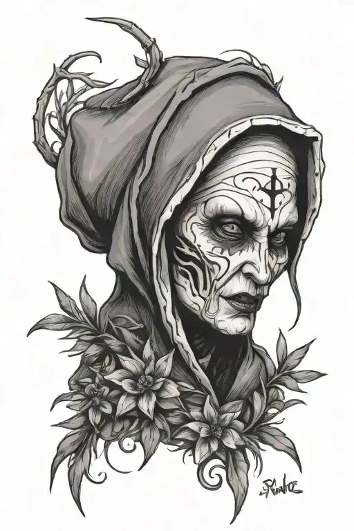 evil nun with rosemary of thorns tattoo design idea