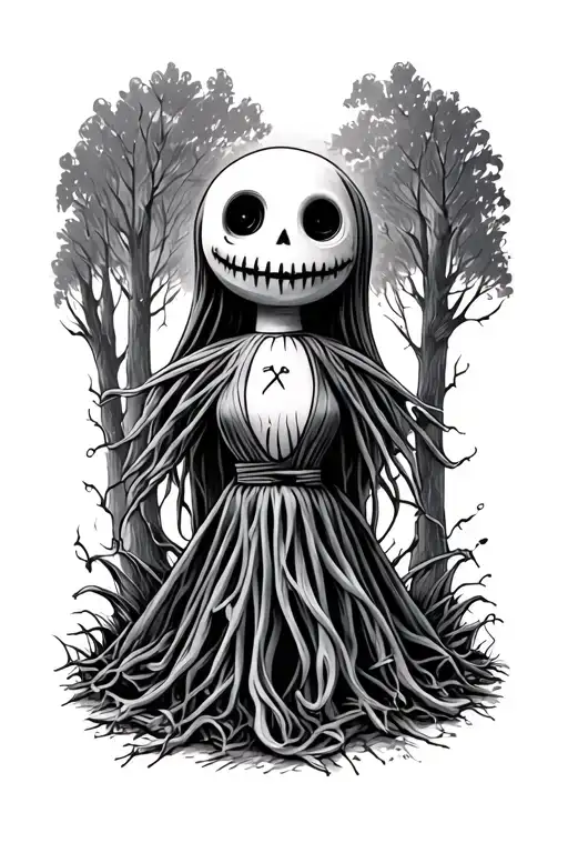 voodoo doll creepy smile in woods tattoo design idea