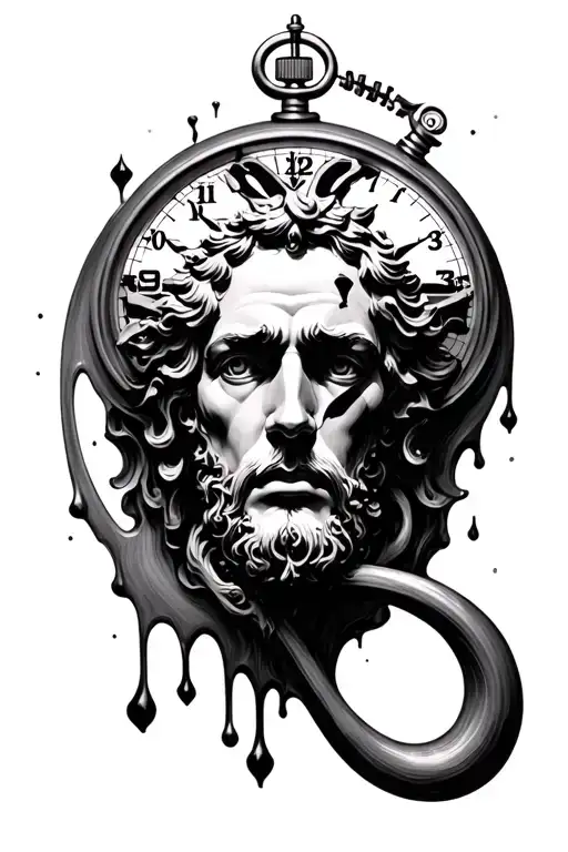 greek god kronos, stopwatches, clocks, infinity symbol, micro-realism, dahlis melting clocks tattoo design idea