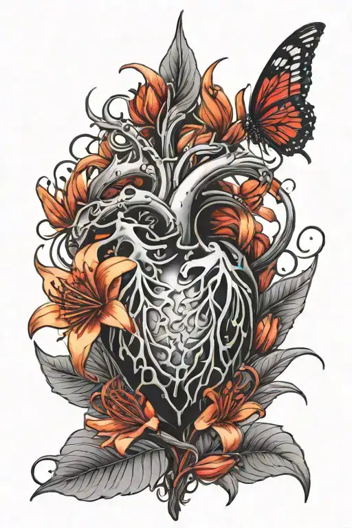 heart with two daggers black and red spider lily tattoo design idea