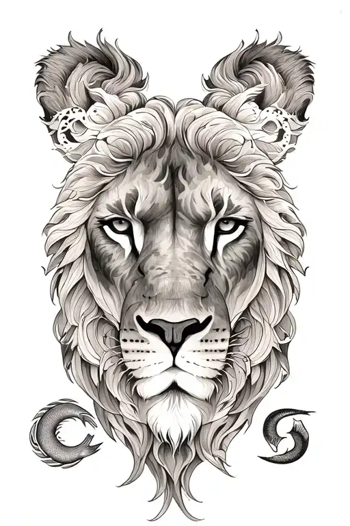 Leo face with Pisces symbol incorporated tattoo design idea