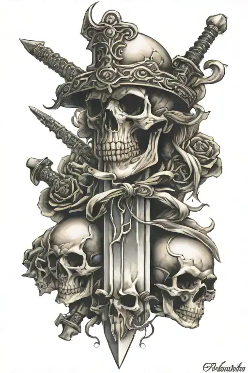 protect the innocent punish the sinners in calligraphy writing surrounding a sword that is between two humsn skulls tattoo design idea