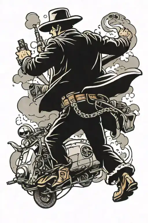 cowboy outrunning a crashing blimp tattoo design idea