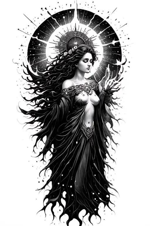 the godess juno in abstract form surrounded by a supernova  tattoo design idea