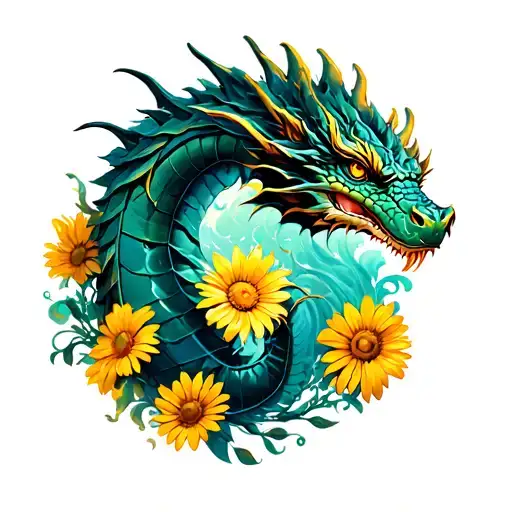 Dragons , yellow daisies, and sea horse tattoo design idea