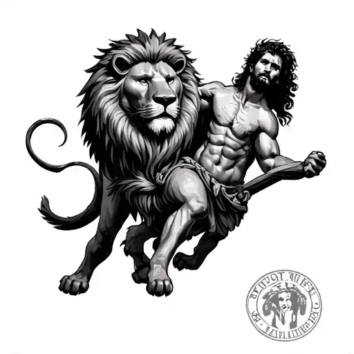 david and goliath with lion surrounded tattoo design idea
