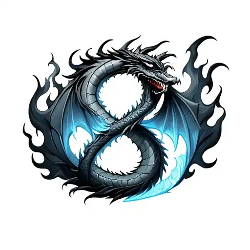 Dragon in an infinity symbol form with fire on one side and ice on the other tattoo design idea