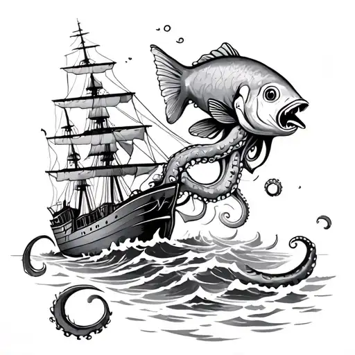 octopus attacking a ship squeezing a blow fish swimming upstream tattoo design idea