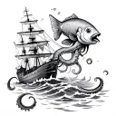 octopus attacking a ship squeezing a blow fish swimming upstream tattoo design idea