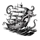 octopus attacking a ship squeezing a blow fish swimming upstream tattoo design idea