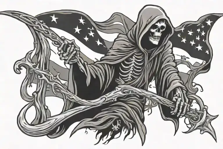 grim reaper holding a scythe with an American flag in the background. colorful, lots of detail, grim reaper bleeding tattoo design idea