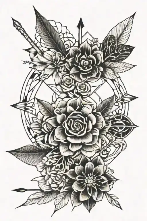 flower and bow arrows tattoo design idea