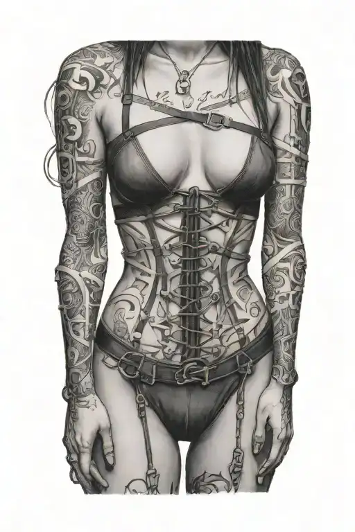 sexy woman in bondage underwear standing facing left tattoo design idea