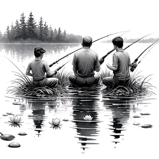 Dad in the middle and two sons on fishing, all with fishing rods, sit in reeds on the water of water lilies and floats from fishing rods, in the distance of the forest. tattoo design idea