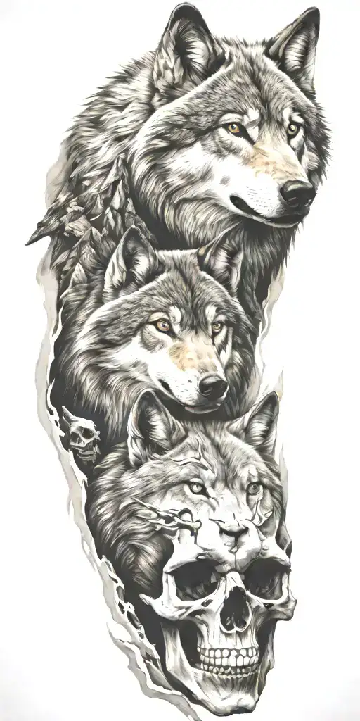 mountains and wolf head and skull  tattoo design idea