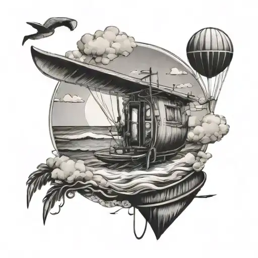 surf, sniper, hot air balloon tattoo design idea
