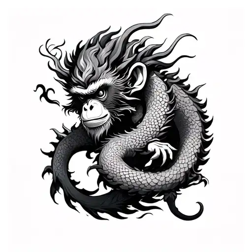 Chinese monkey and dragon wrapped tattoo design idea