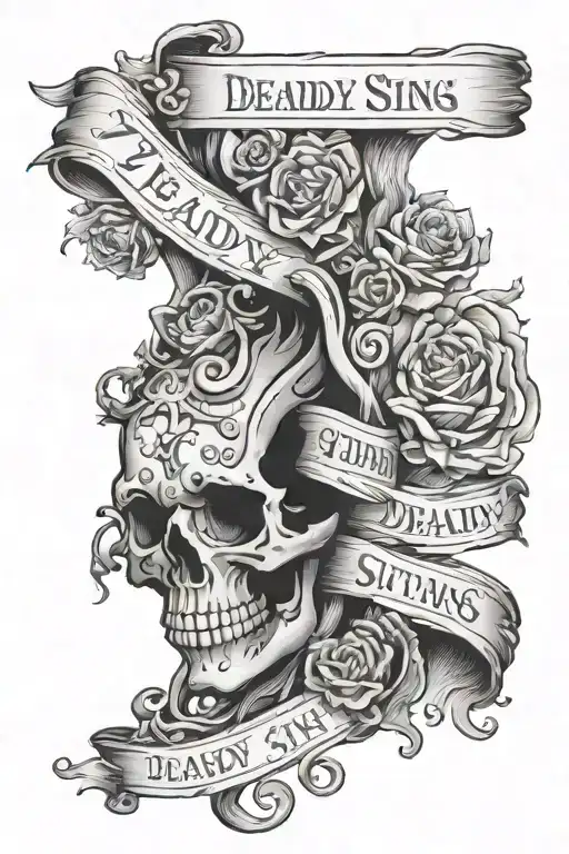 7 Deadly Sins words on a scroll wrapped tattoo design idea
