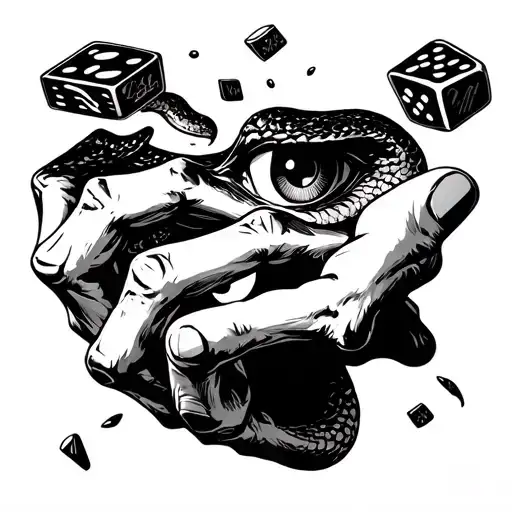 A hand of fate (perhaps skeletal or shadowy) dropping dice that always land on snake eyes tattoo design idea