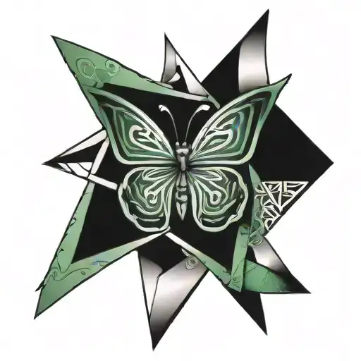 simple green celtic butterfly inside of  3 large triangles tattoo design idea