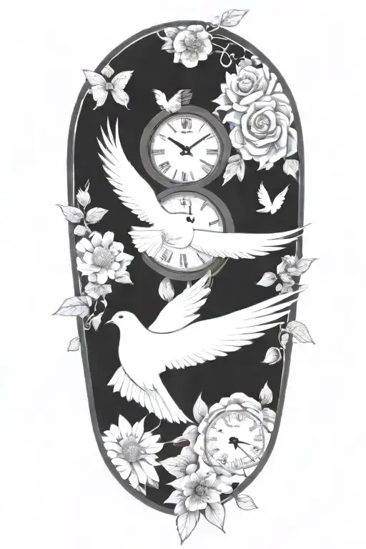 clock surrounded by doves and flowers tattoo design idea