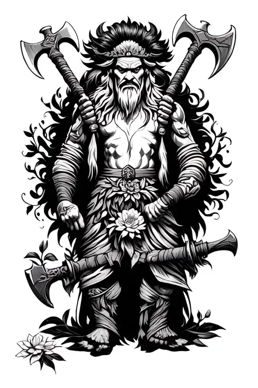 Shango holding the two axes with one hand, and in the other a flower tattoo design idea