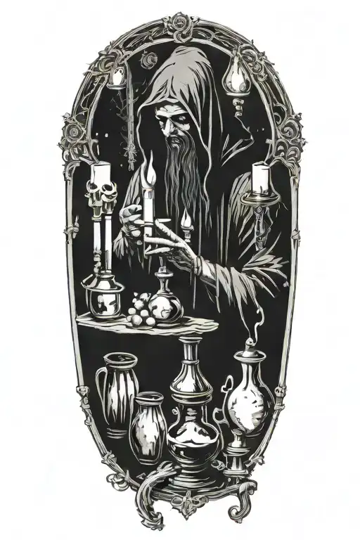 Hodded alchemist performing ritual, tarot cards, beakers, candles tattoo design idea