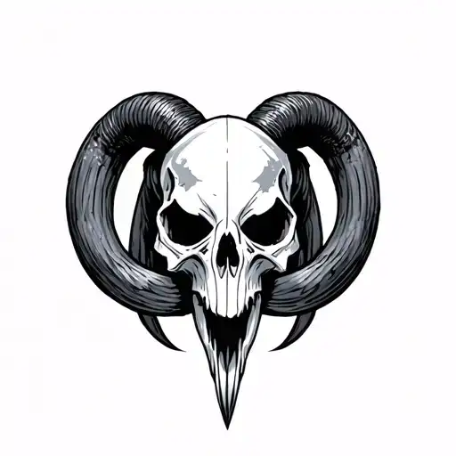 raven and long horn skull tattoo design idea